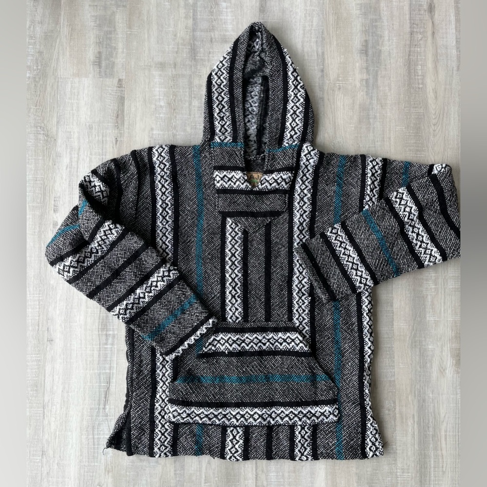 BAJA JOE Black/White/Teal Long Sleeve Mexican Hoodie Size Small